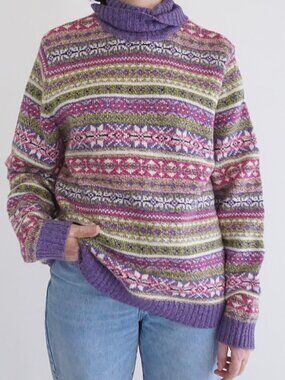 Vintage Carolyn Taylor Purple Fair Isle Nordic Pattern Turtleneck Sweater XL